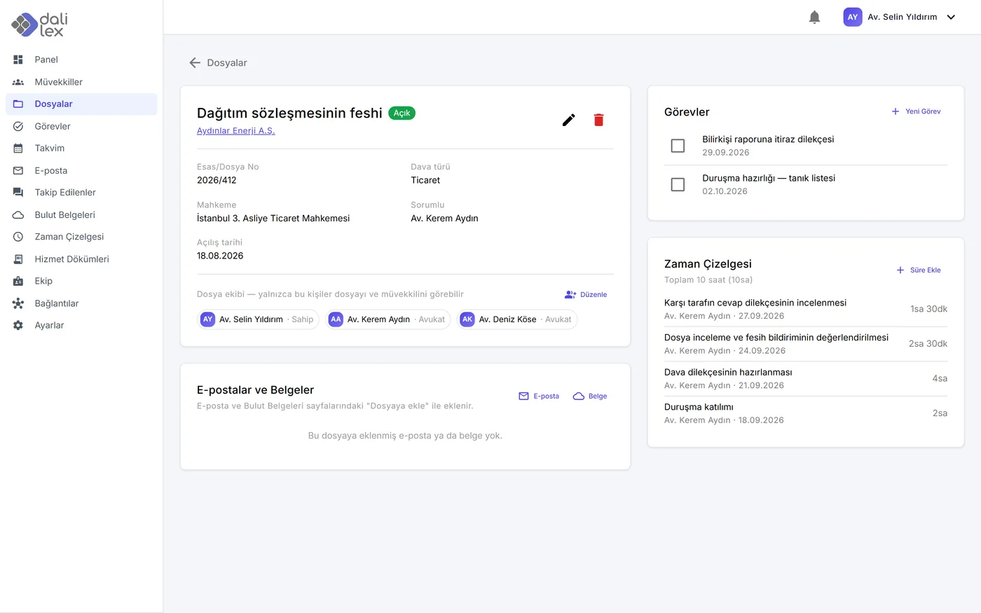Matter screen: parties, team, tasks and time entries