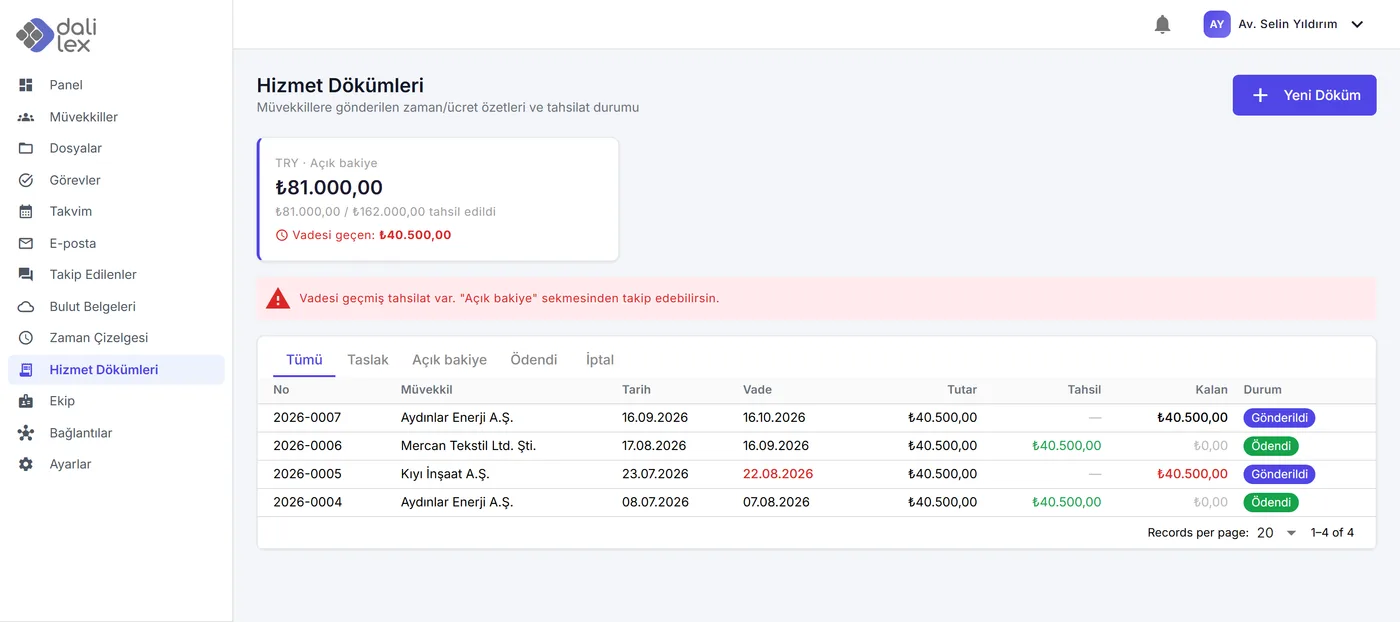 Statements screen: outstanding balance, overdue amount and list of statements