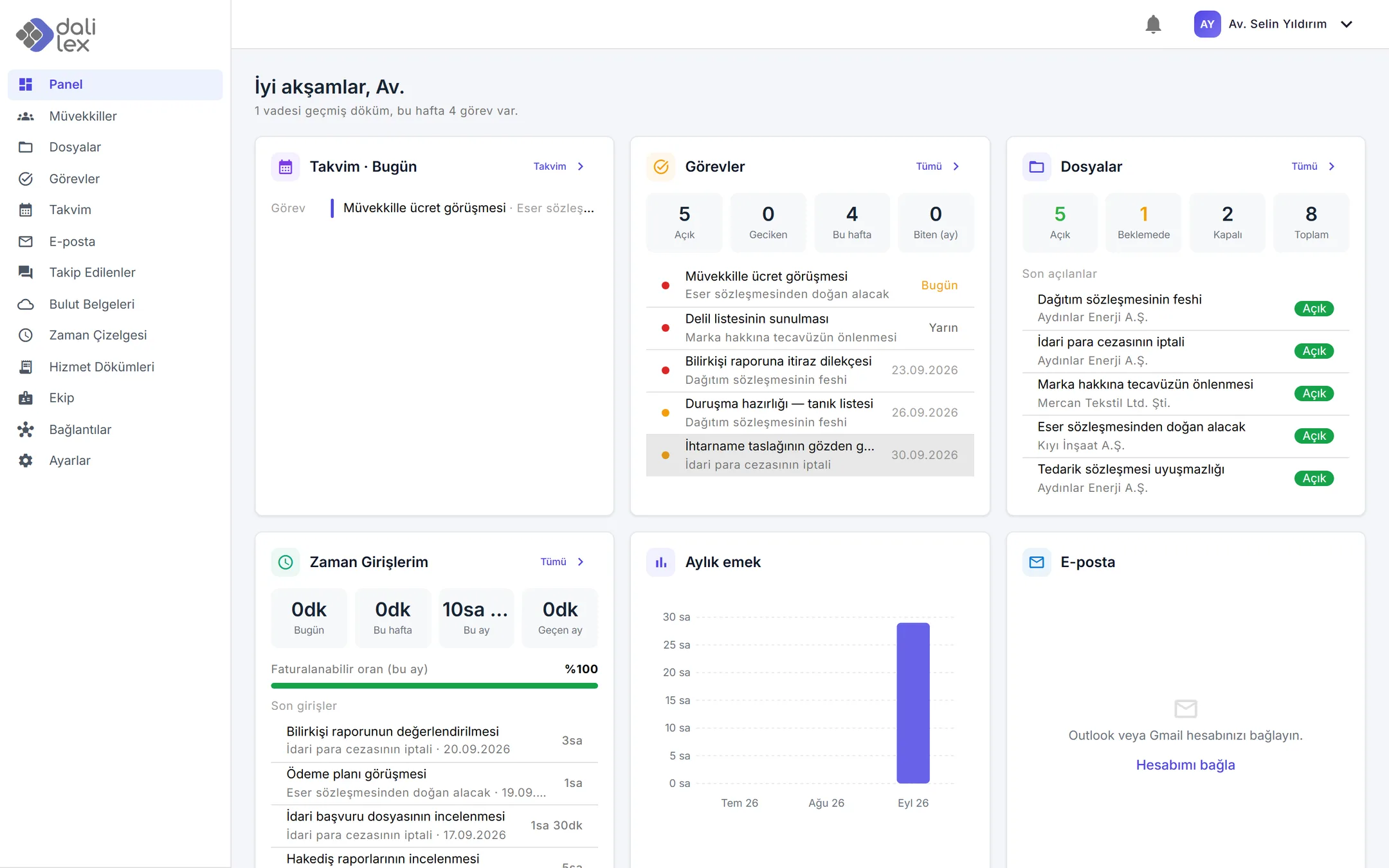 Dalilex dashboard: today's tasks, open matters and time entries